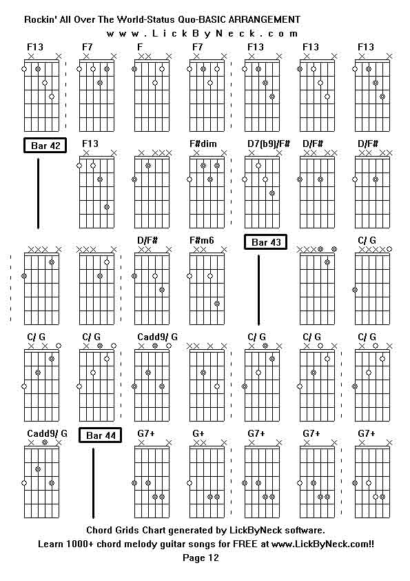 Chord Grids Chart of chord melody fingerstyle guitar song-Rockin' All Over The World-Status Quo-BASIC ARRANGEMENT,generated by LickByNeck software.